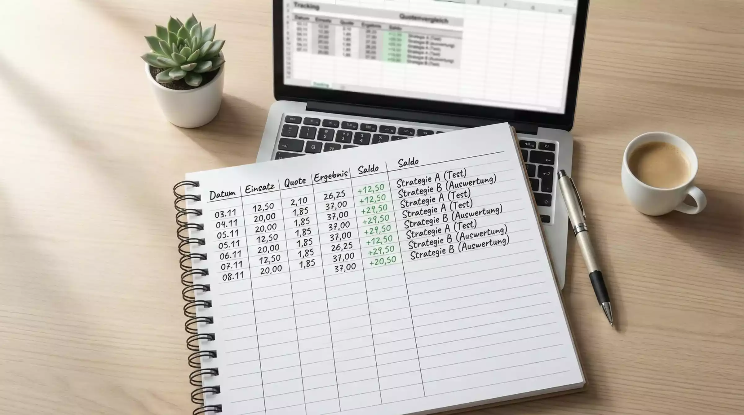 Bankroll Management für NFL Wetten — geöffnetes Notizbuch mit Stift und Laptop auf einem Schreibtisch