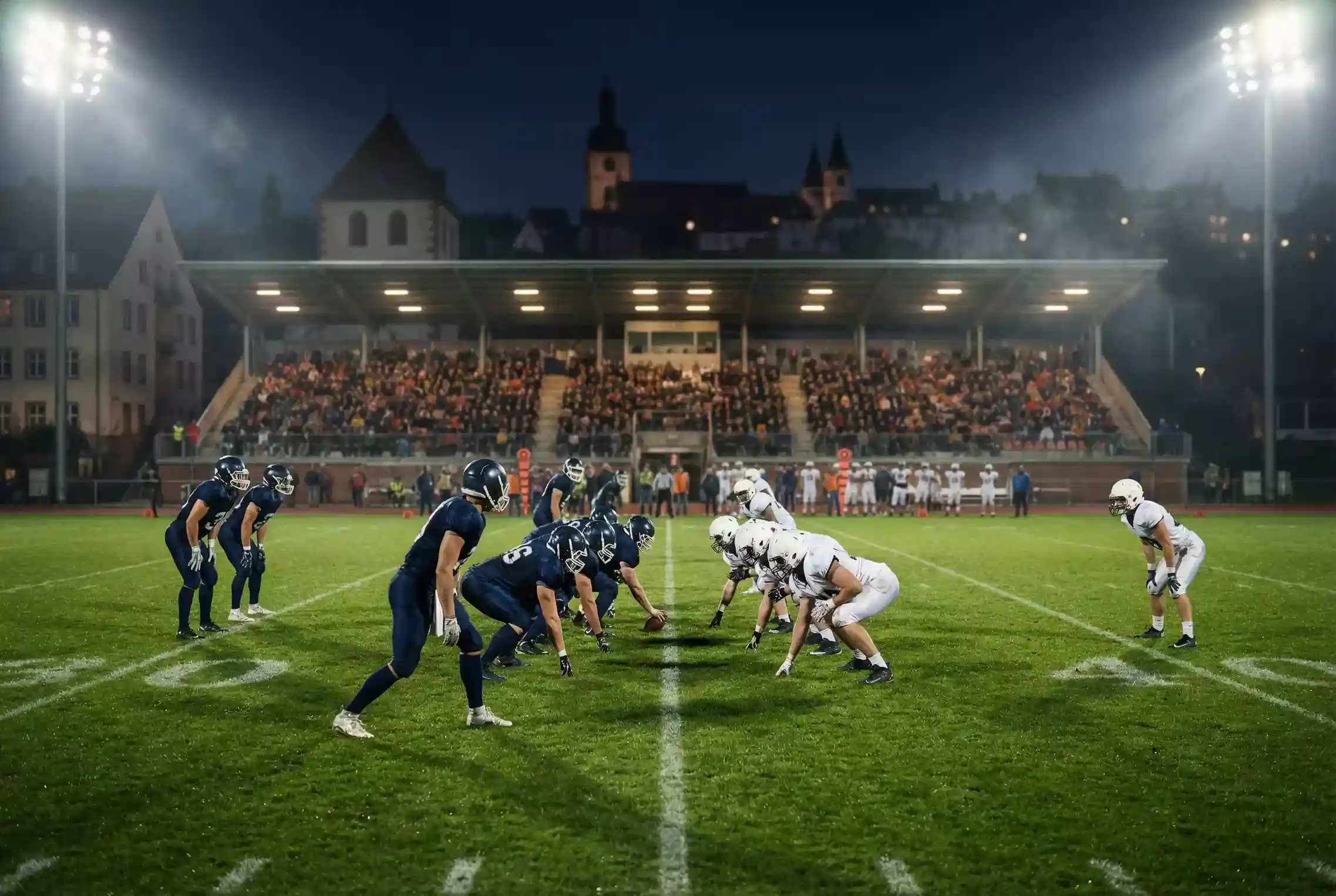 GFL und ELF Wetten — American-Football-Spieler auf europäischem Spielfeld bei Flutlicht
