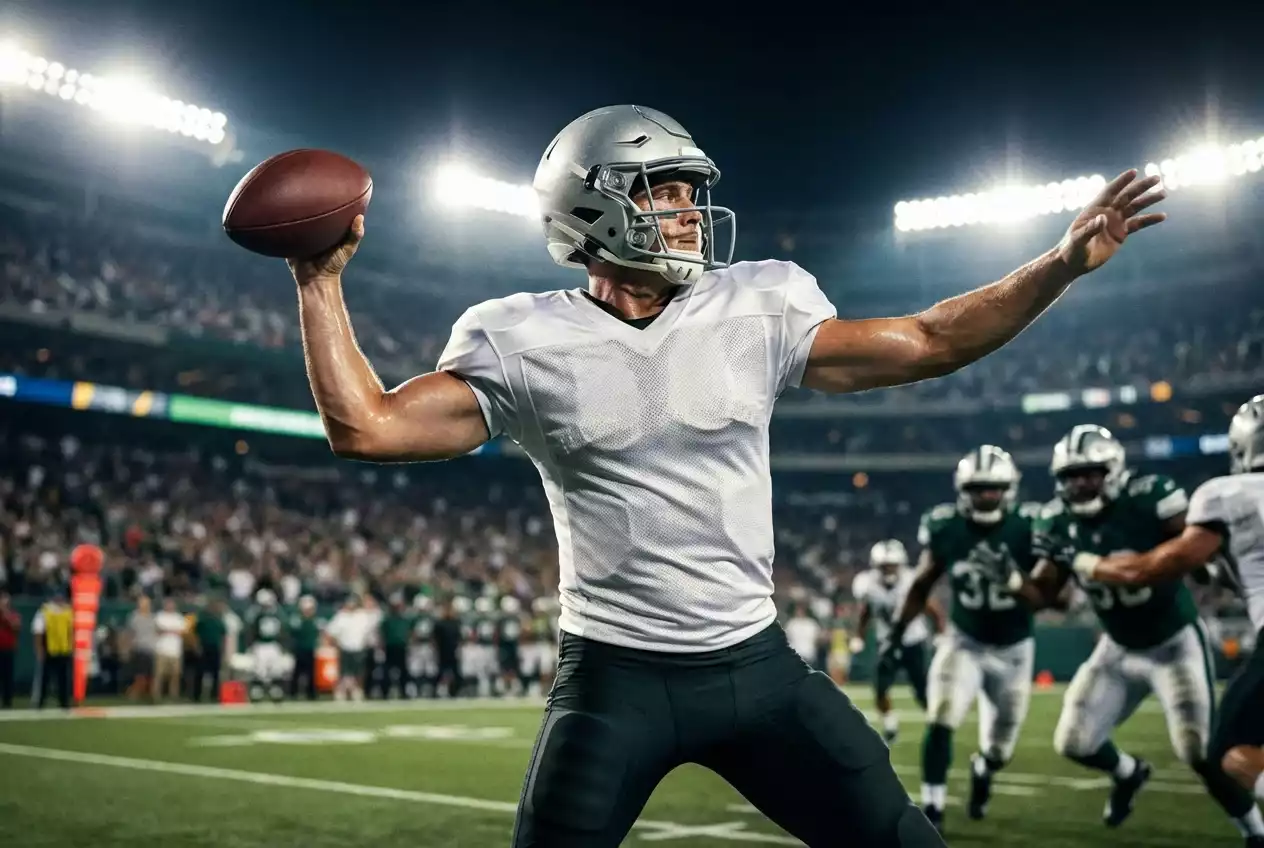 NFL Player Props — Quarterback beim Passversuch im Spiel unter Flutlicht