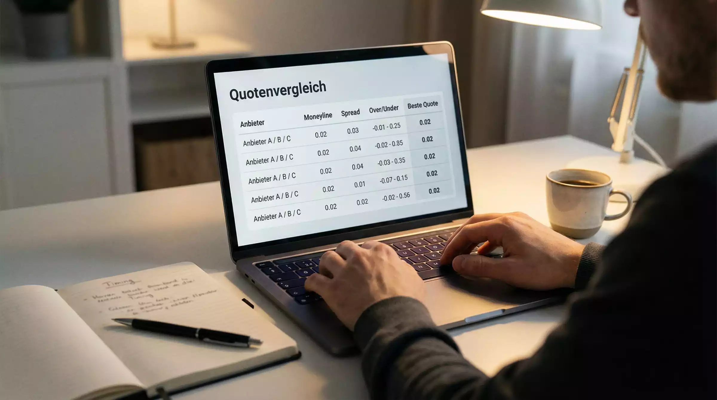 NFL Quoten Vergleich — Person analysiert NFL-Wettquoten auf einem Laptop neben einem Notizblock