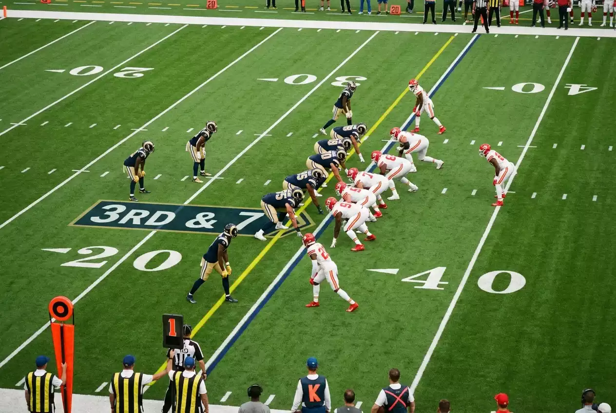 NFL-Spielfeld mit Yard-Linien und Down-Markierungen