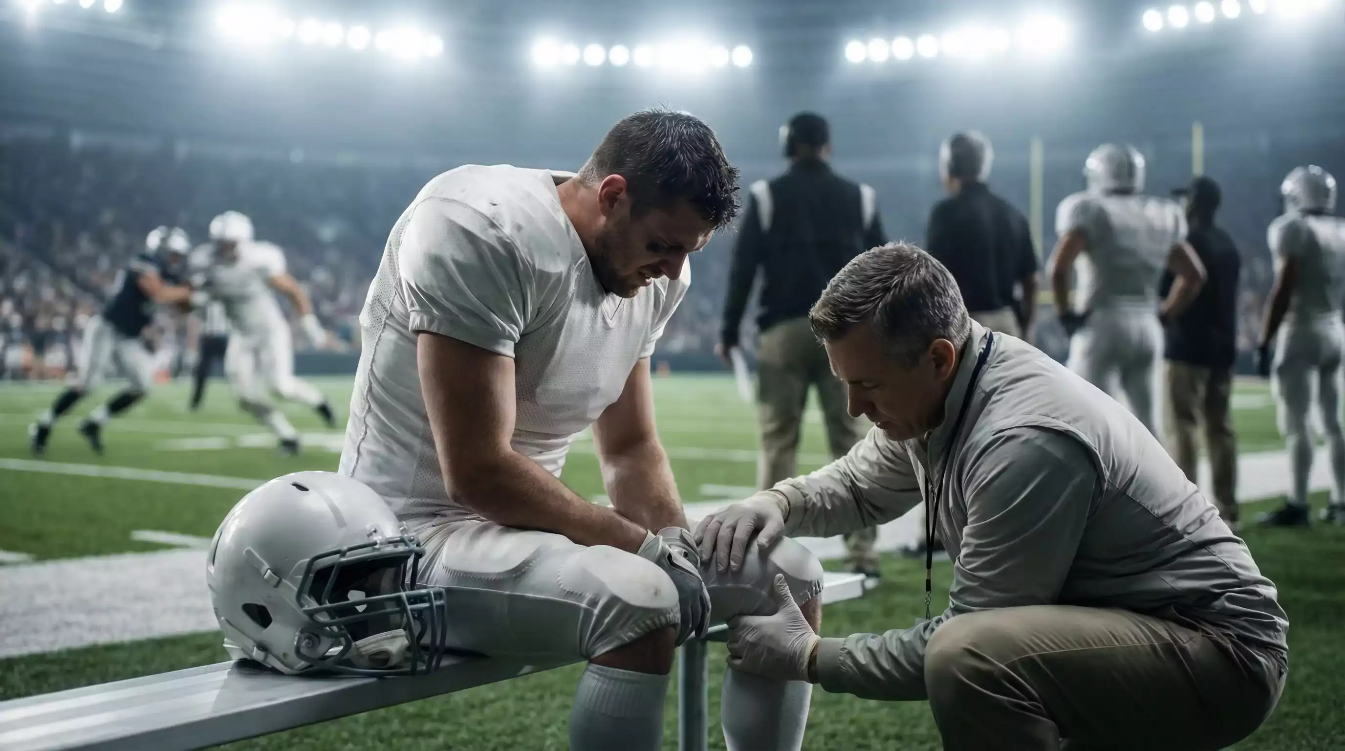 Verletzungen und NFL Wetten — Football-Spieler wird am Spielfeldrand vom Teamarzt untersucht