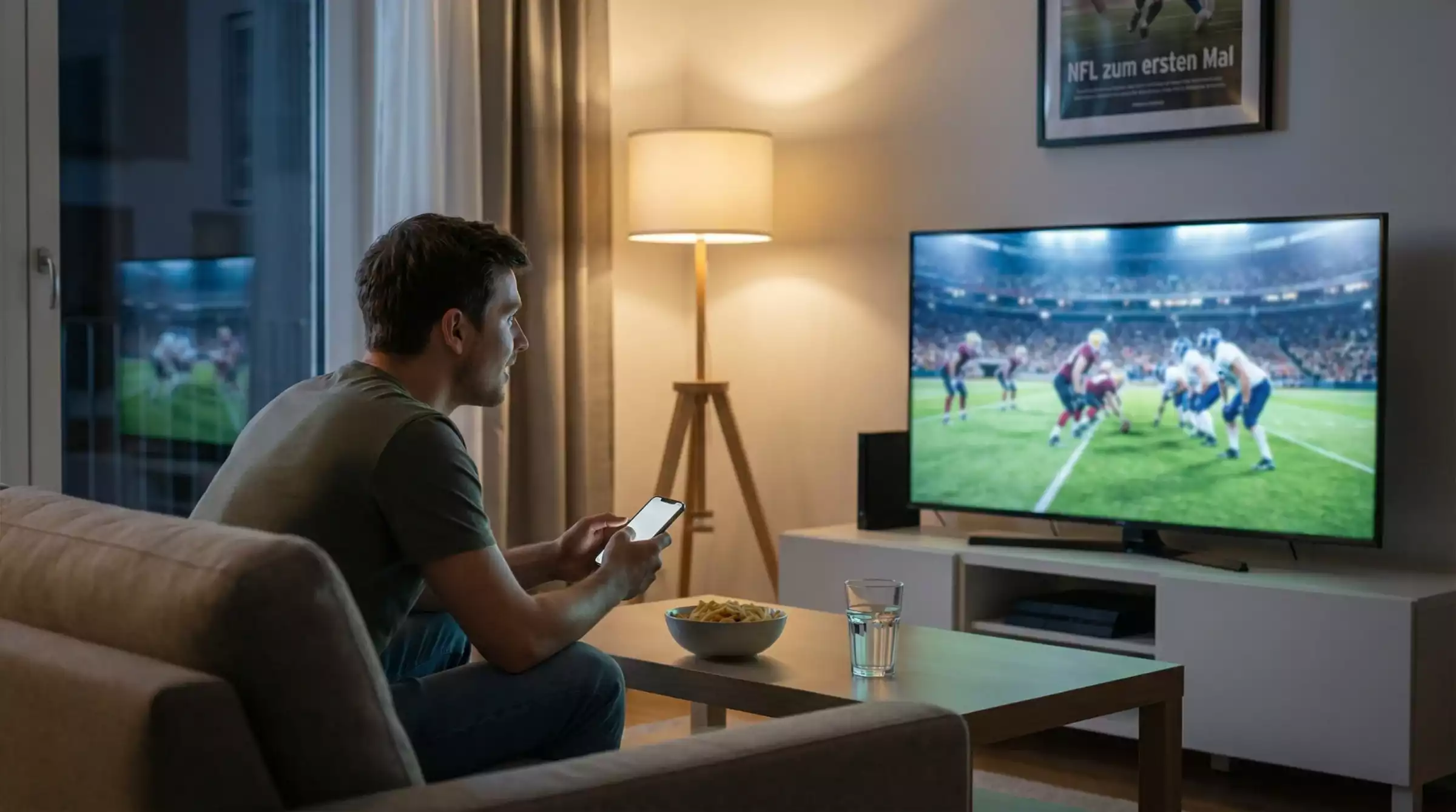 NFL Wetten für Anfänger — junger Mann schaut ein NFL-Spiel auf dem Fernseher im Wohnzimmer