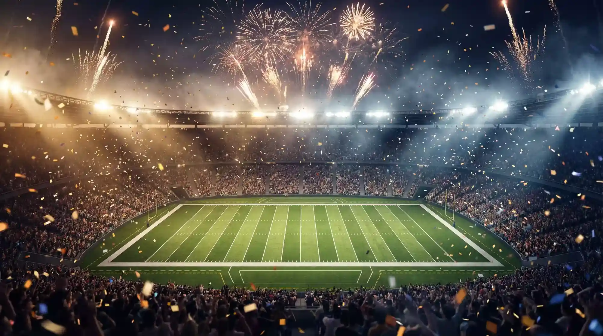 Super Bowl Wetten — ausverkauftes NFL-Stadion bei Nacht mit Konfettiregen nach dem Finale