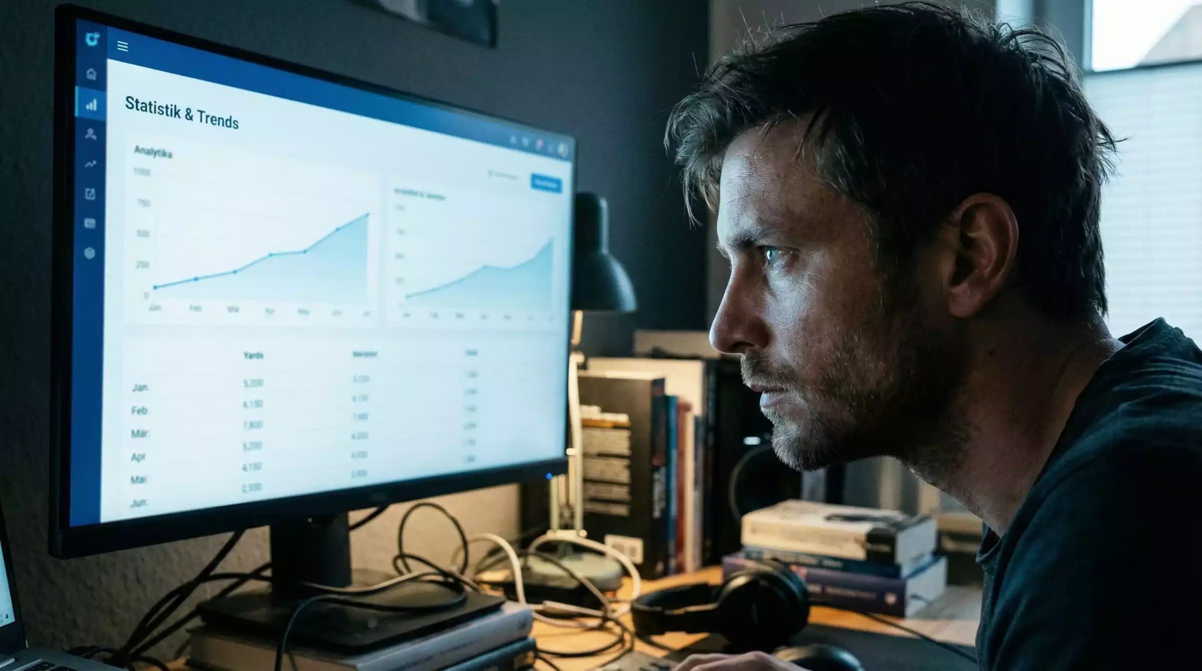 Value Bets bei NFL Wetten — konzentrierter Mann analysiert Statistiken auf einem Bildschirm